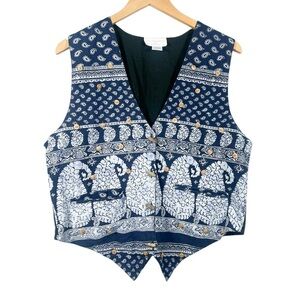 Christopher & Banks Vintage Bohemian Cotton Wood Button Patterned Navy Vest L